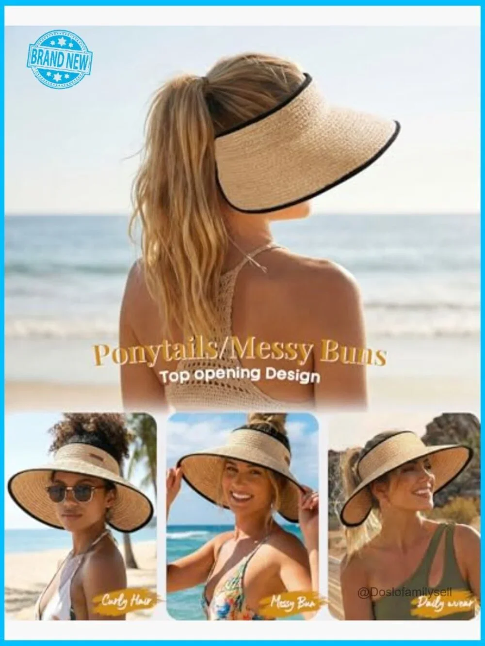 Wide Brim Raffia Straw Sun Hat Visor Ponytail Opening Foldable Packable UPF 50